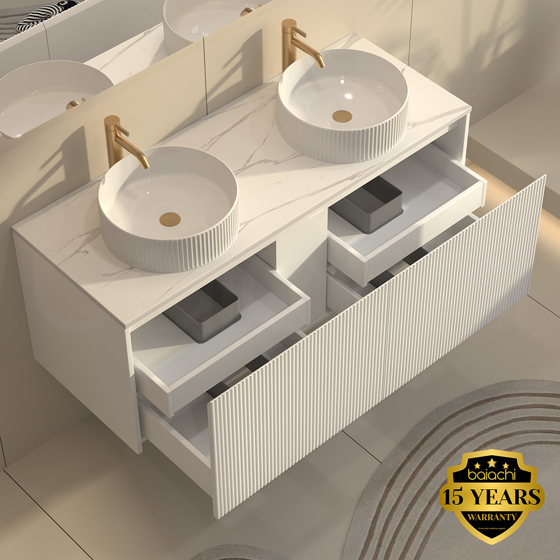 Baiachi Clermont 1200 White Fluted Wall Hung Bathroom Vanity Calacatta Stone