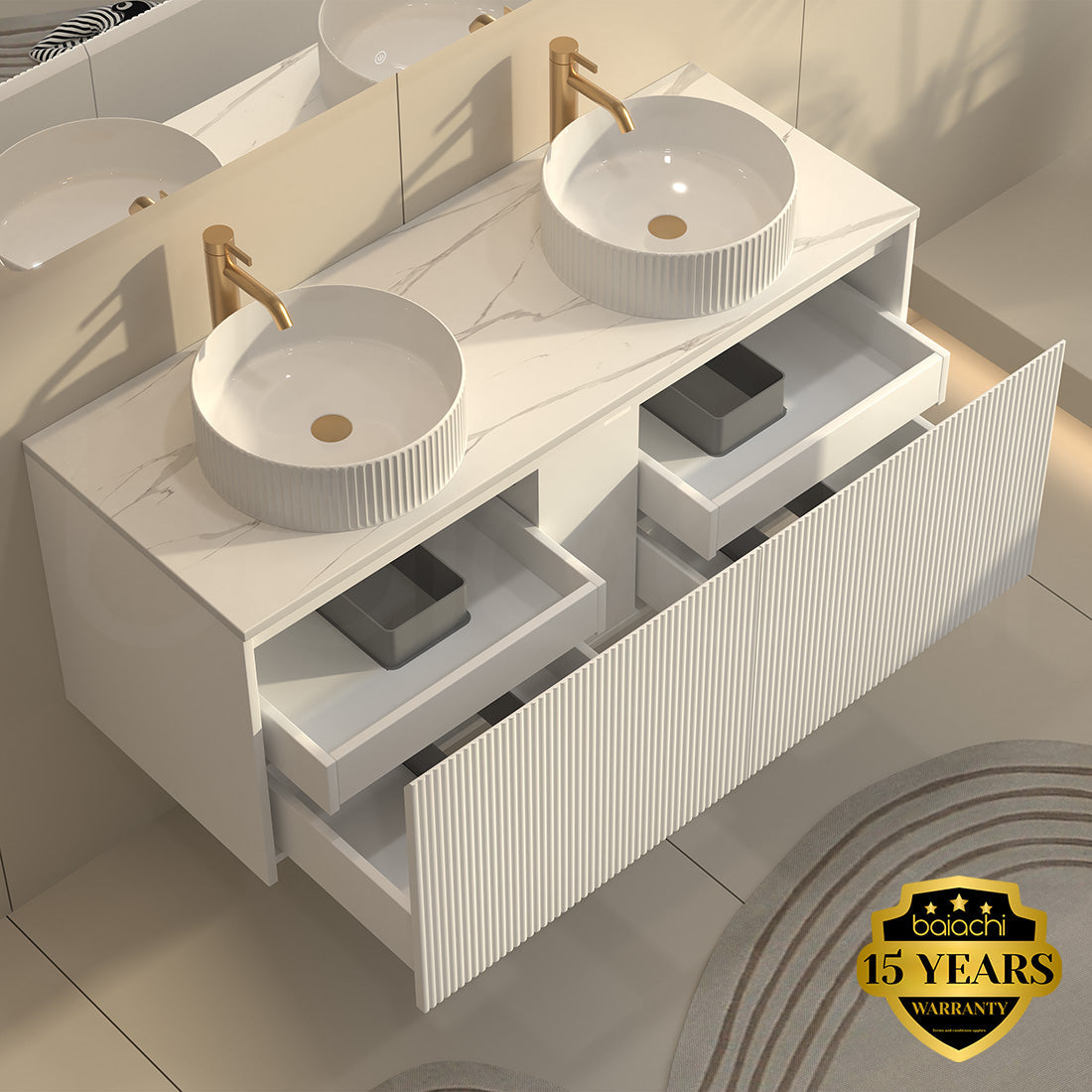 Baiachi Clermont 1200 White Fluted Wall Hung Bathroom Vanity White Stone Double Undercounter Basin