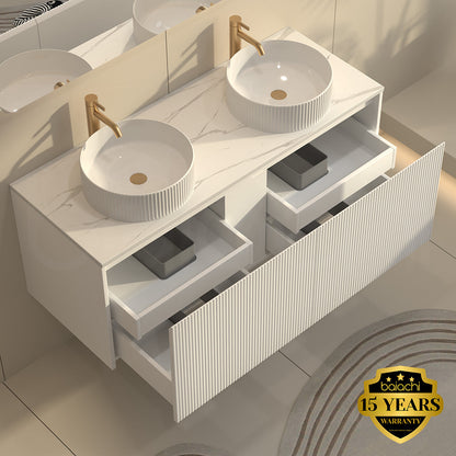 Baiachi Clermont 1200 White Fluted Wall Hung Bathroom Vanity White Stone Double Undercounter Basin