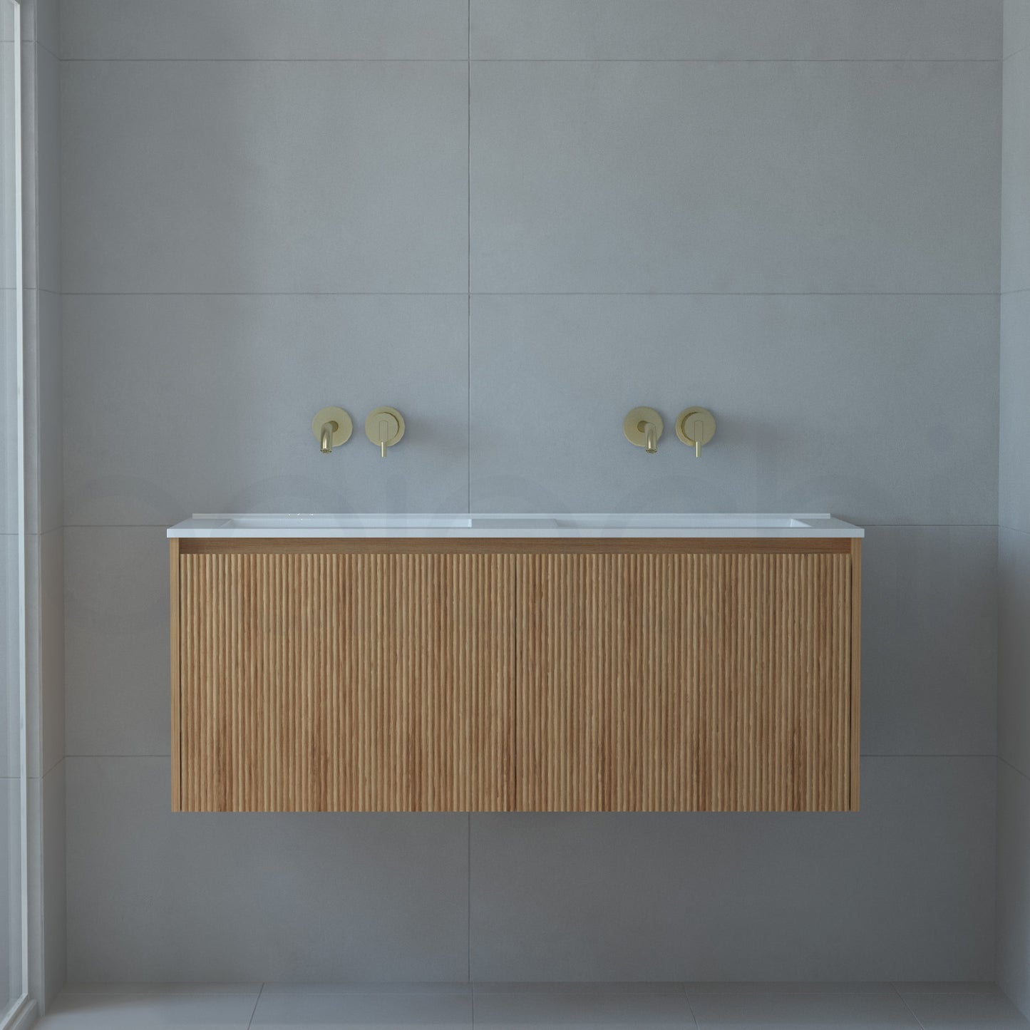 Baiachi Clermont 1200 Fluted Timber Bathroom Vanity Wall Hung Double Ceramic Basin