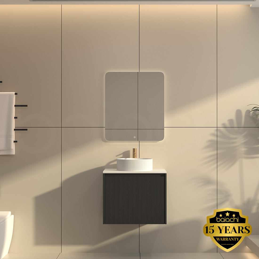 Baiachi Clermont 600 Black Fluted Wall Hung Bathroom Vanity White Stone Undercounter Basin