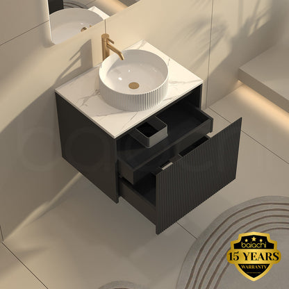 Baiachi Clermont 600 Black Fluted Wall Hung Bathroom Vanity Calacatta Stone Undercounter Basin