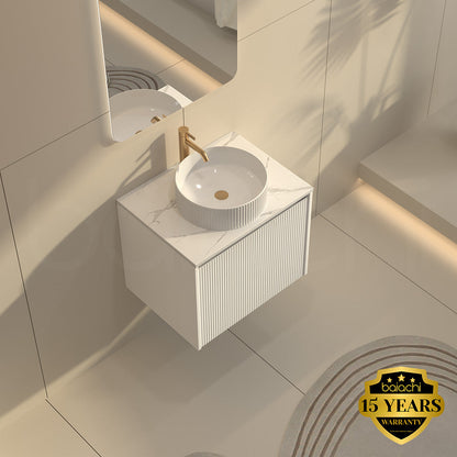 Baiachi Clermont 600 White Fluted Wall Hung Bathroom Vanity Calacatta Stone Undercounter Basin
