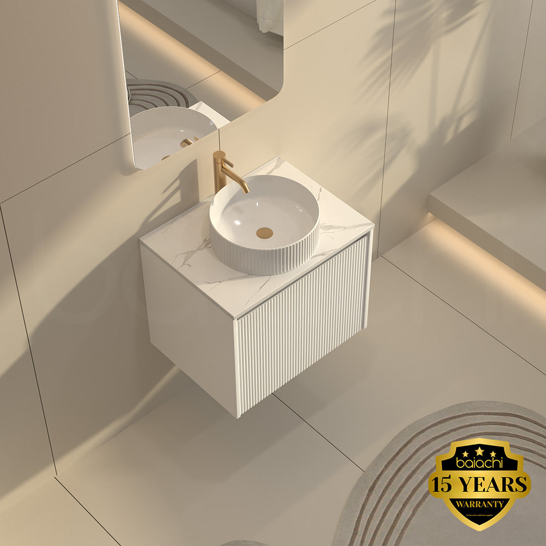 Baiachi Clermont 600 White Fluted Wall Hung Bathroom Vanity White Stone Undercounter Basin
