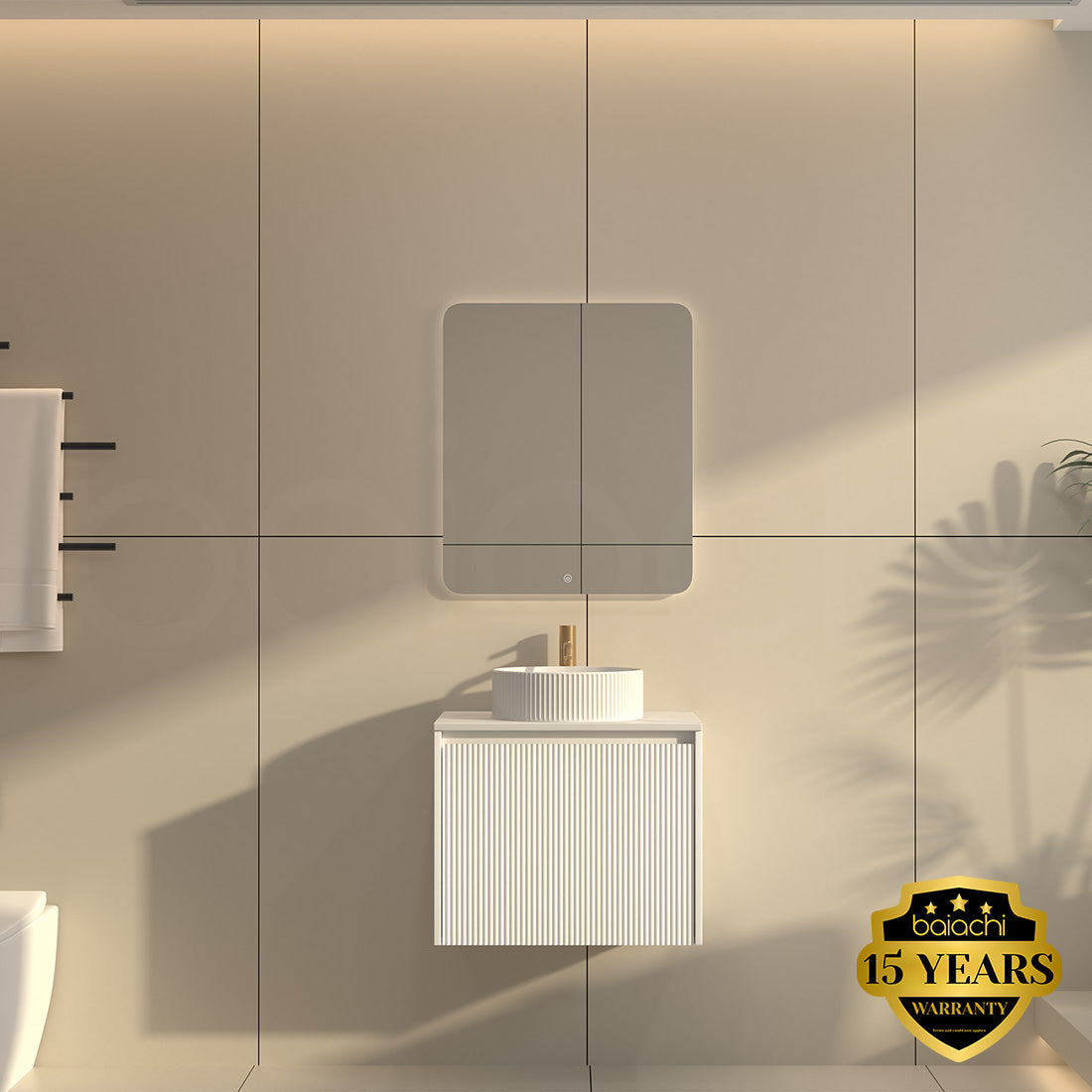 Baiachi Clermont 600 White Fluted Wall Hung Bathroom Vanity White Stone Undercounter Basin