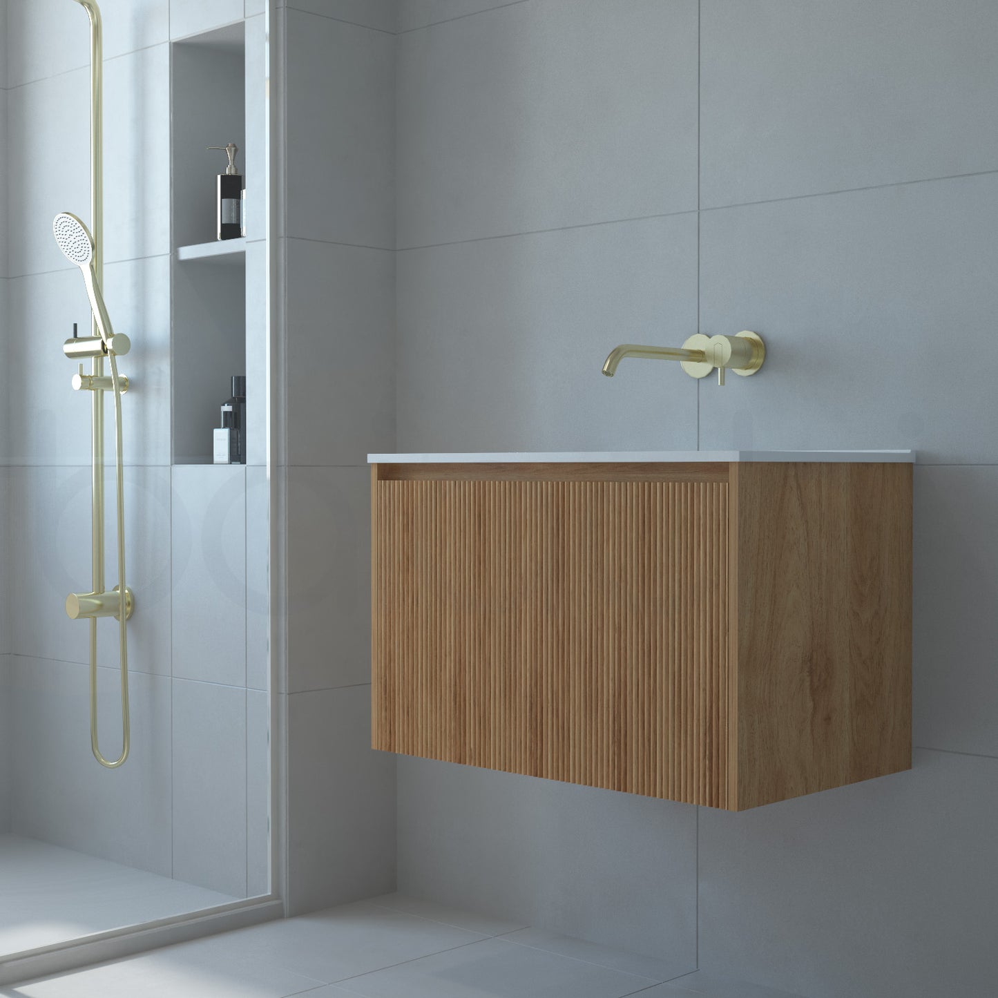 Baiachi Clermont 600 Fluted Timber Bathroom Vanity Wall Hung Ceramic Basin
