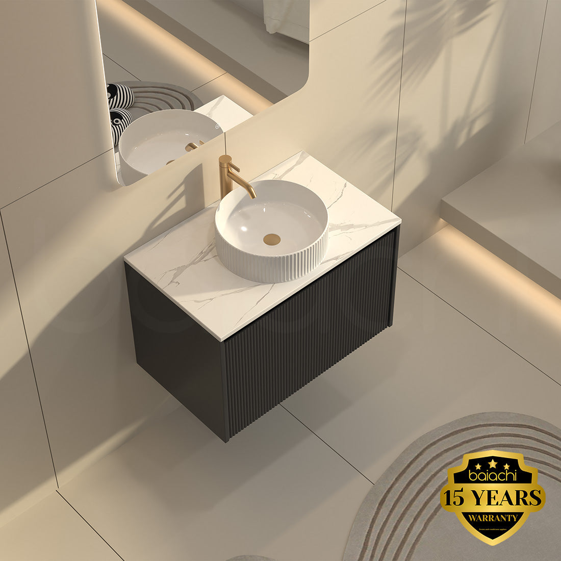 Baiachi Clermont 750 Black Fluted Wall Hung Bathroom Vanity Calacatta Stone Undercounter Basin