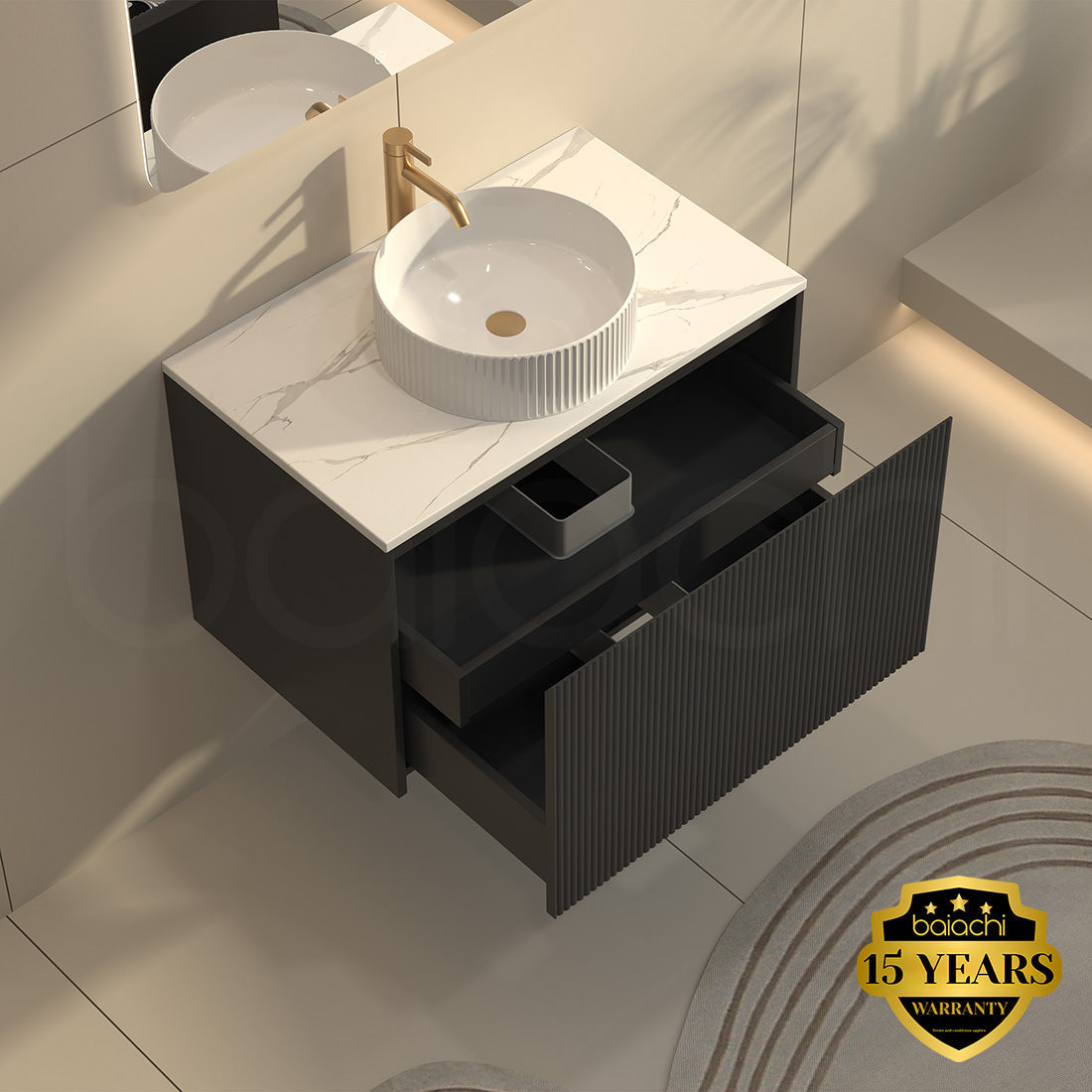 Baiachi Clermont 750 Black Fluted Wall Hung Bathroom Vanity Calacatta Stone Undercounter Basin