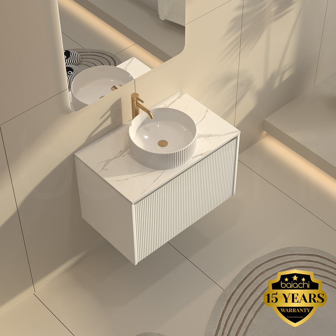 Baiachi Clermont 750 White Fluted Wall Hung Bathroom Vanity Calacatta Stone Undercounter Basin