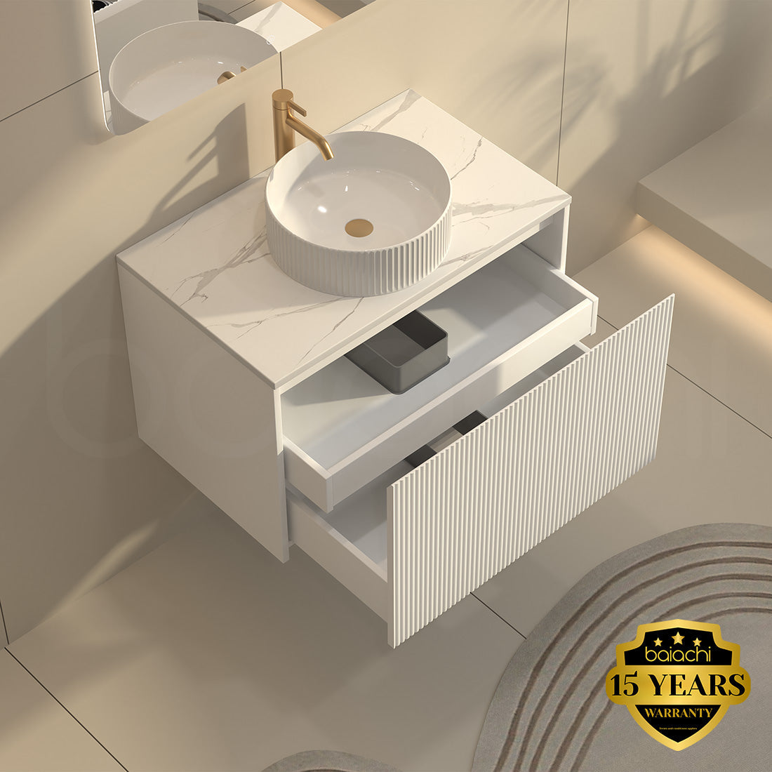 Baiachi Clermont 750 White Fluted Wall Hung Bathroom Vanity White Stone Undercounter Basin