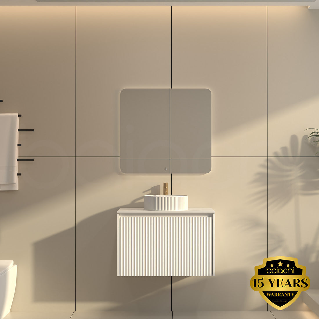 Baiachi Clermont 750 White Fluted Wall Hung Bathroom Vanity White Stone Undercounter Basin