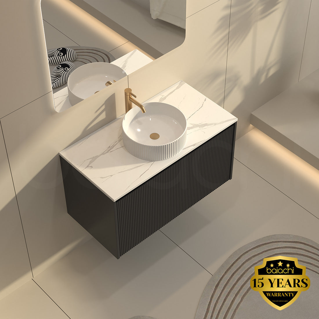 Baiachi Clermont 900 Black Fluted Wall Hung Bathroom Vanity Calacatta Stone Undercounter Basin