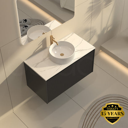 Baiachi Clermont 900 Black Fluted Wall Hung Bathroom Vanity Calacatta Stone Undercounter Basin