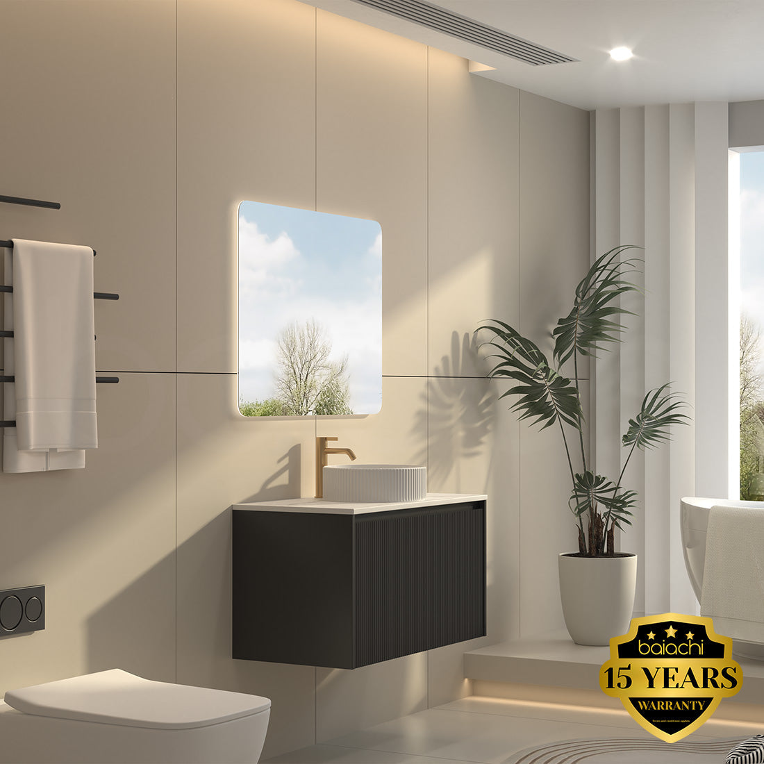 Baiachi Clermont 900 Black Fluted Wall Hung Bathroom Vanity White Stone Undercounter Basin