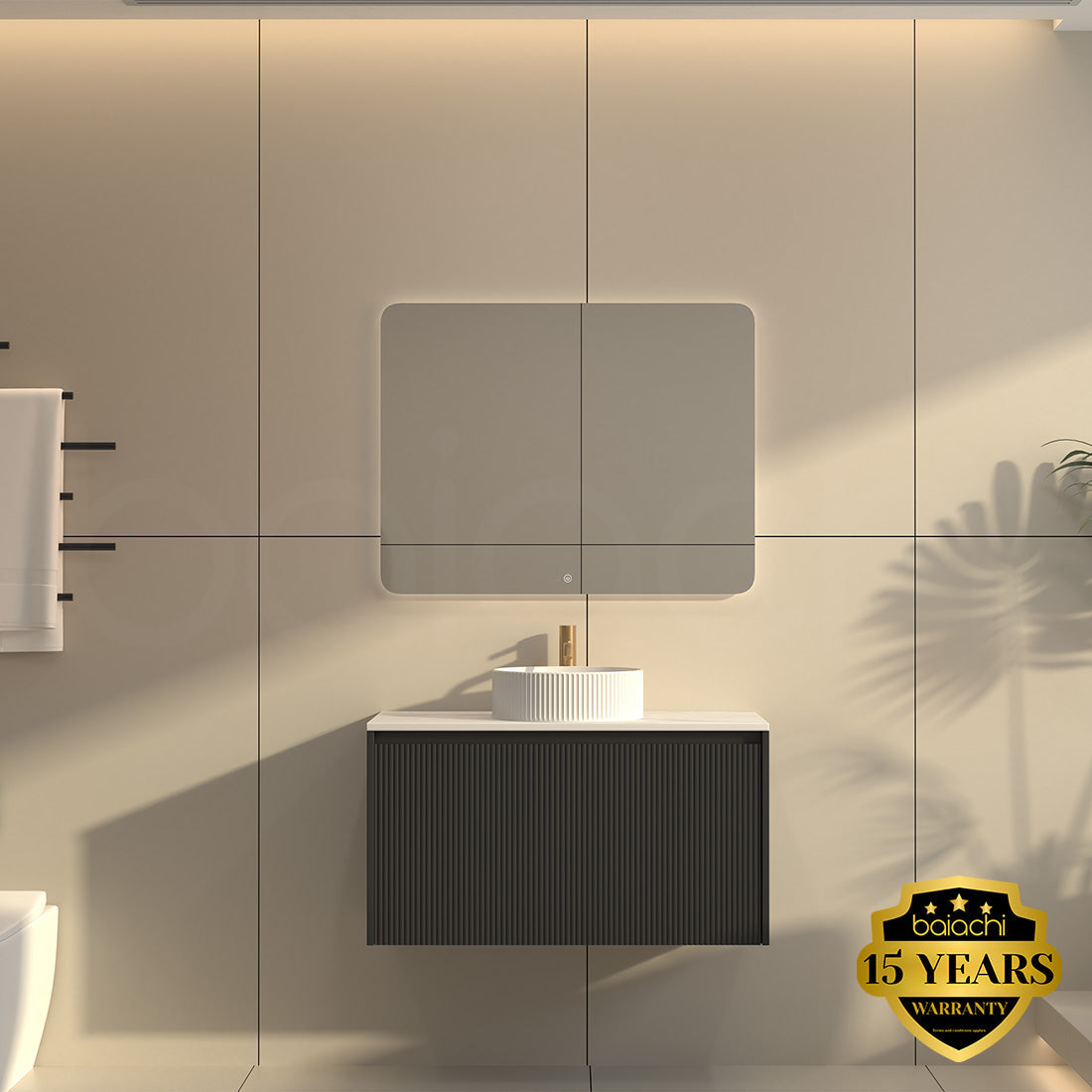 Baiachi Clermont 900 Black Fluted Wall Hung Bathroom Vanity White Stone Undercounter Basin