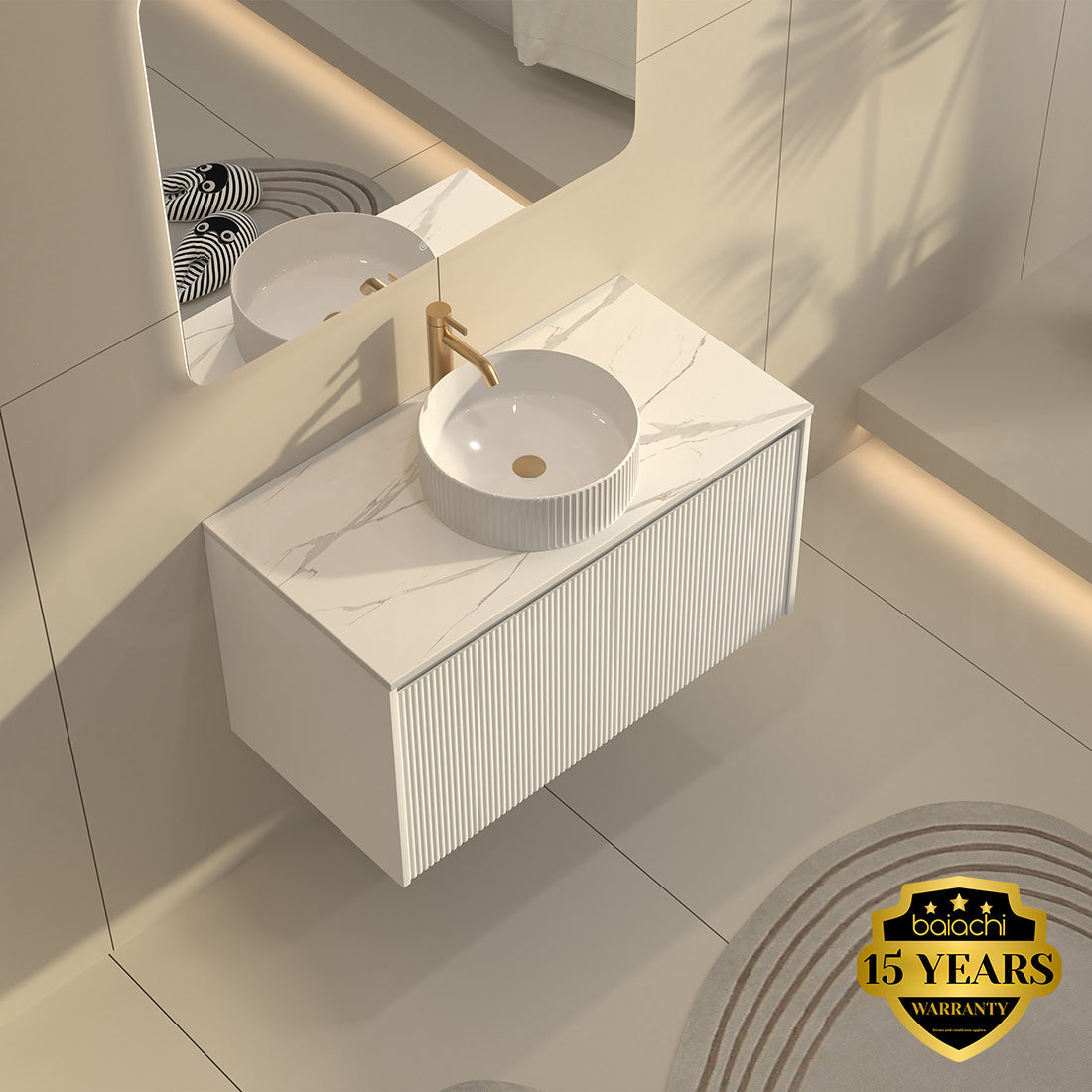 Baiachi Clermont 900 White Fluted Wall Hung Bathroom Vanity White Stone Undercounter Basin