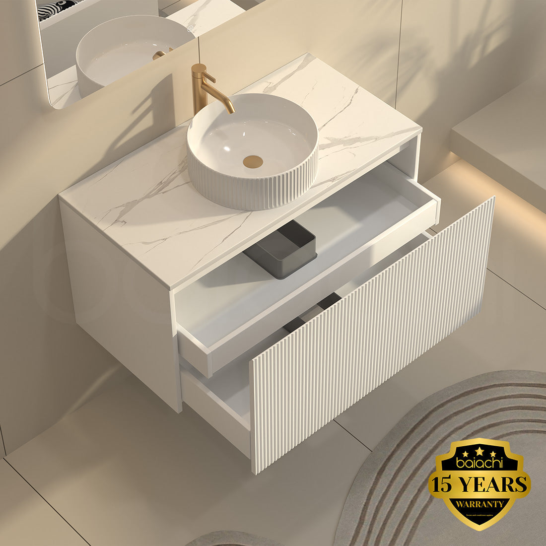 Baiachi Clermont 900 White Fluted Wall Hung Bathroom Vanity White Stone Undercounter Basin