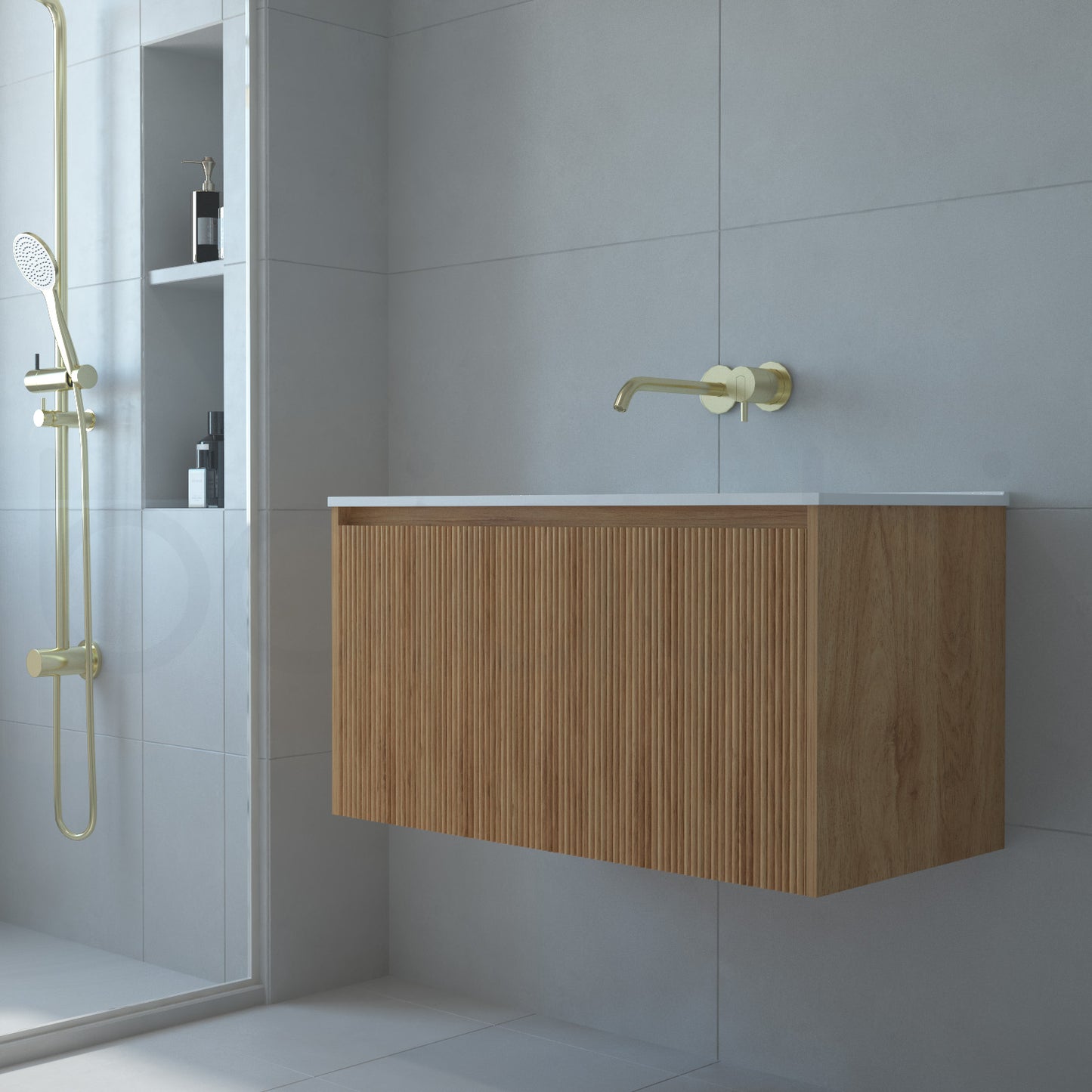 Baiachi Clermont 750 Fluted Timber Bathroom Vanity Wall Hung Calacatta Stone