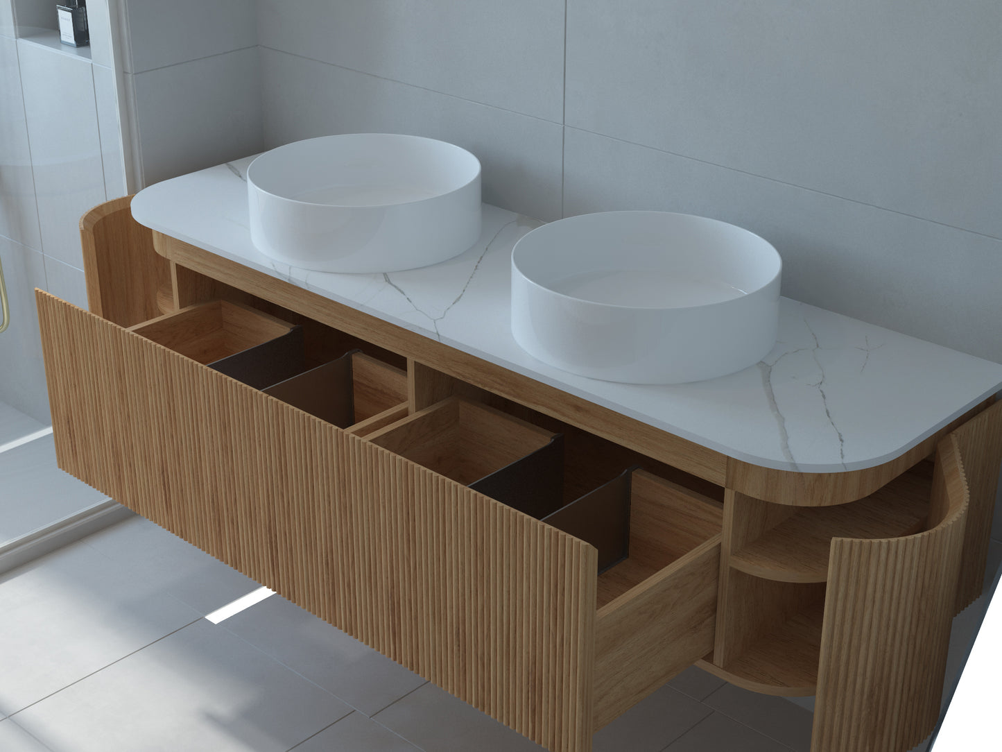 Baiachi Gympie 1500 Fluted Timber Bathroom Vanity Wall Hung Calacatta Stone