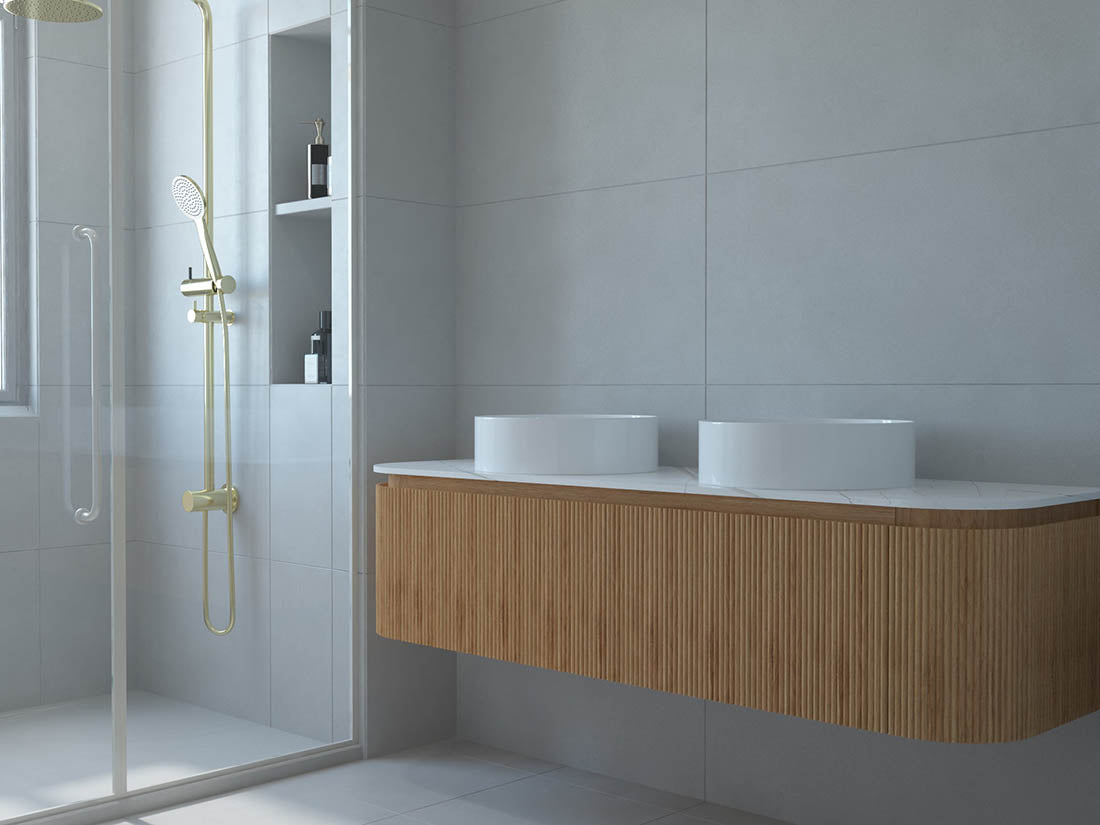 Baiachi Gympie 1500 Fluted Timber Bathroom Vanity Wall Hung Calacatta Stone