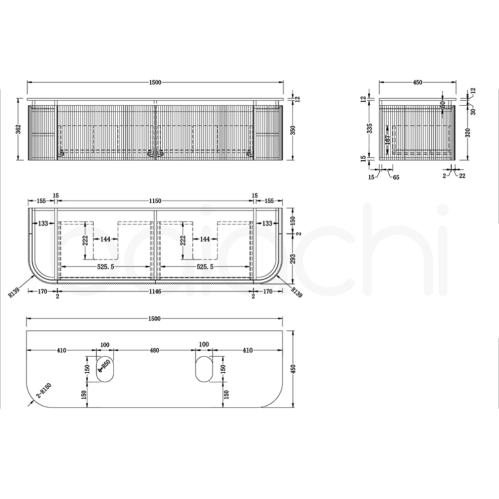 Baiachi Gympie 1500 Fluted Timber Bathroom Vanity Wall Hung Calacatta Stone