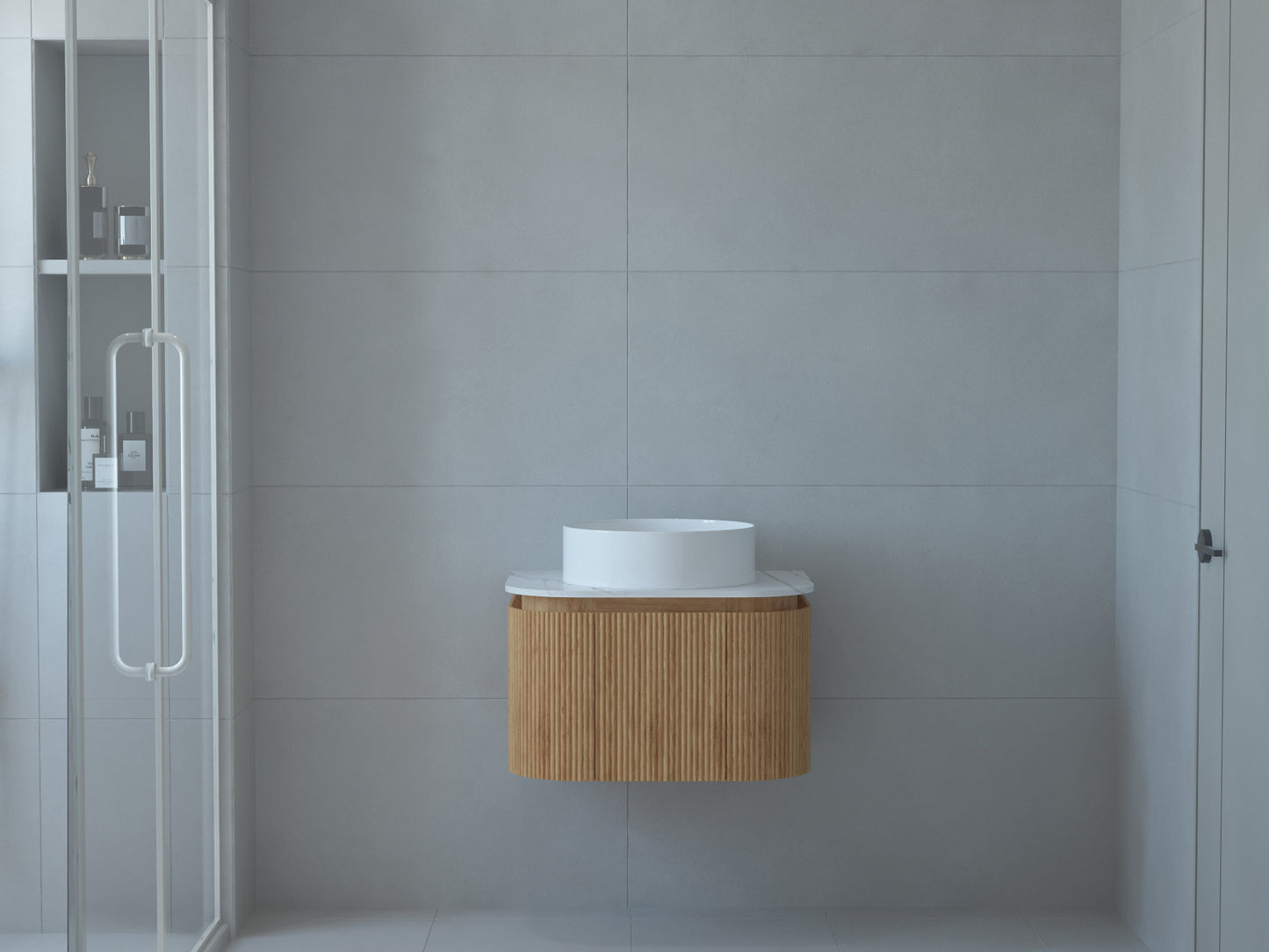 Baiachi Gympie 600 Fluted Timber Bathroom Vanity Wall Hung Calacatta Stone