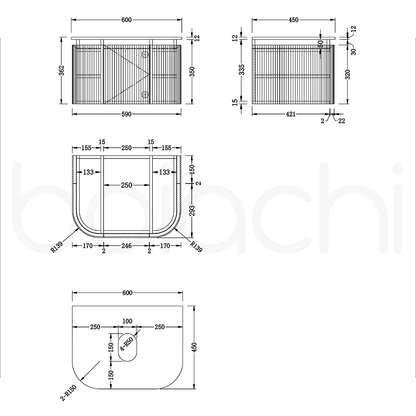 Baiachi Gympie 600 Fluted Timber Bathroom Vanity Wall Hung Calacatta Stone