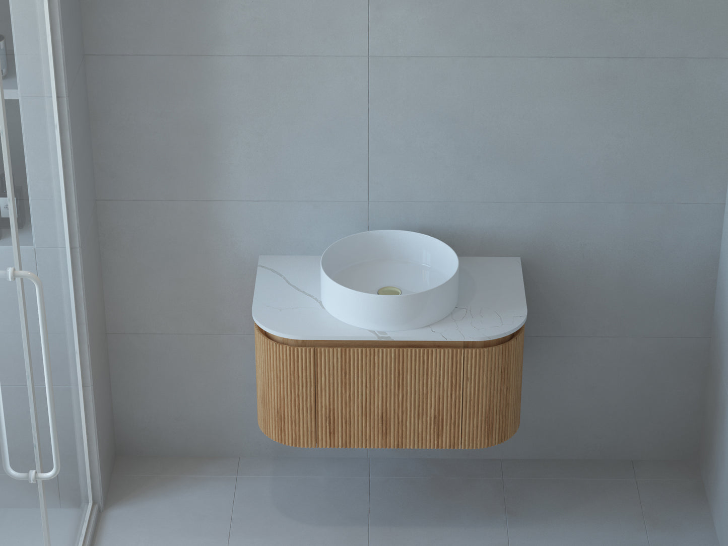 Baiachi Gympie 750 Fluted Timber Bathroom Vanity Wall Hung Calacatta Stone