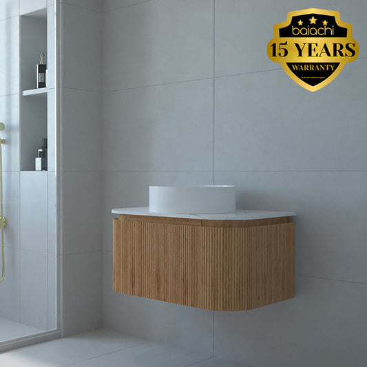 Baiachi Gympie 750 Fluted Timber Bathroom Vanity Wall Hung Calacatta Stone