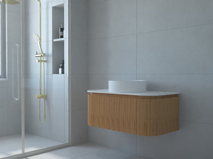 Baiachi Gympie 900 Fluted Timber Bathroom Vanity Wall Hung Calacatta Stone