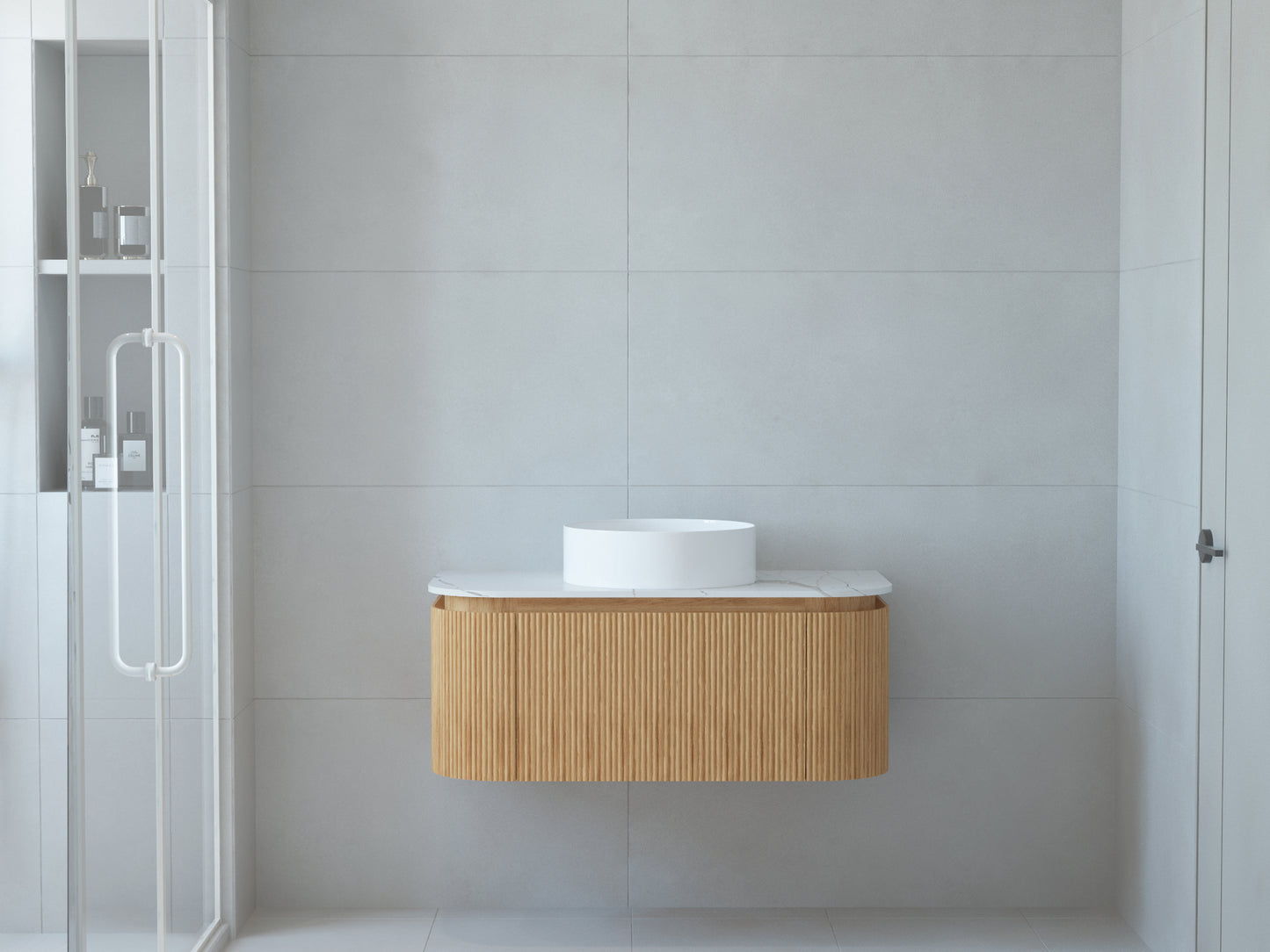 Baiachi Gympie 900 Fluted Timber Bathroom Vanity Wall Hung Calacatta Stone