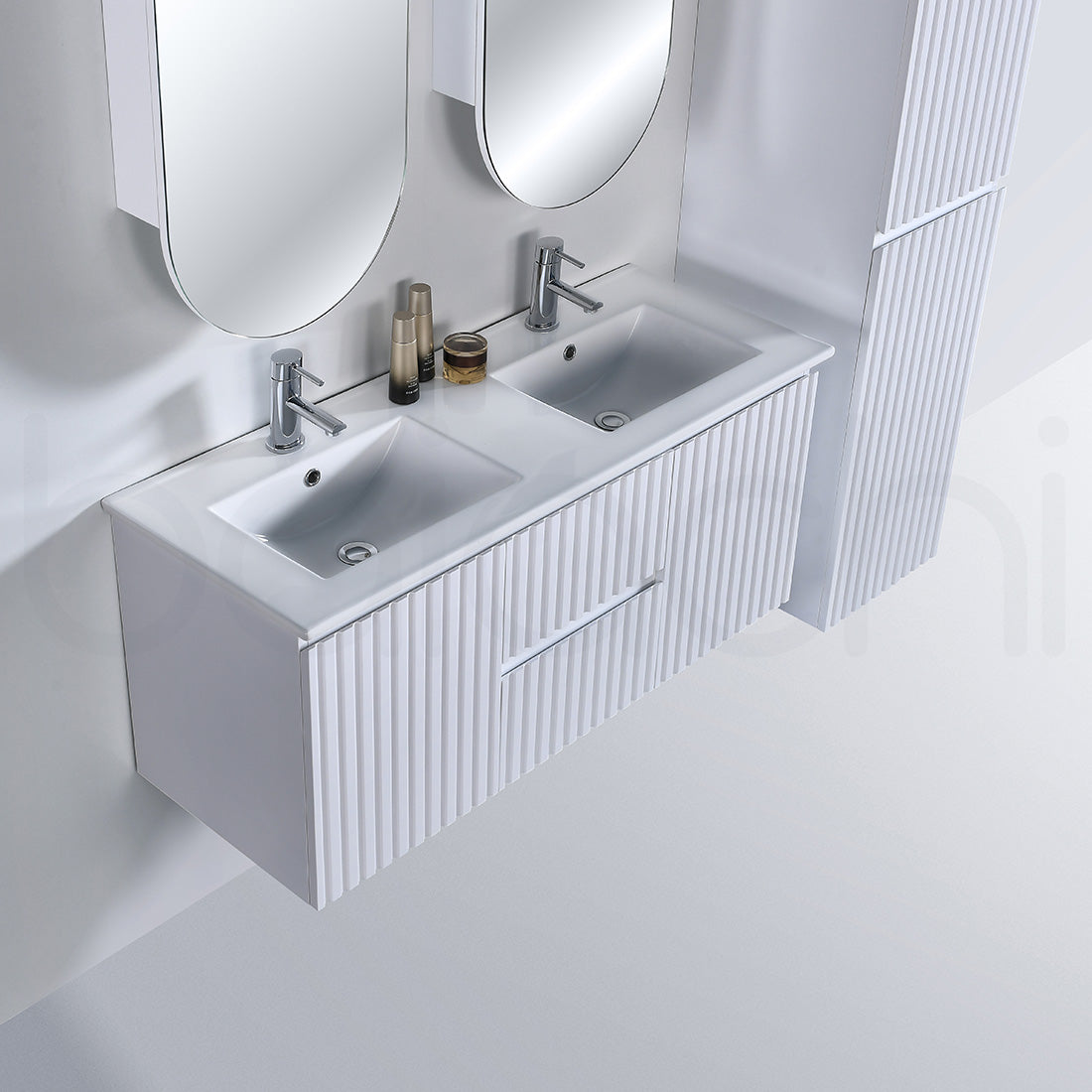 Baiachi Ivana Fluted 1200mm PVC Water Proof Wall Hung Bathroom Vanity Ceramic Double Basin