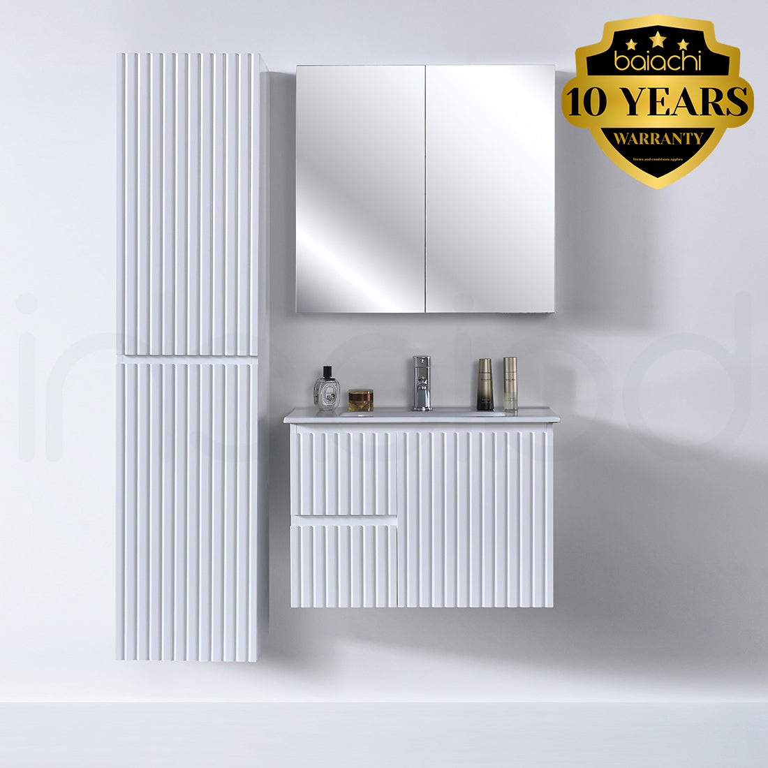 Baiachi Ivana Fluted 750mm PVC Water Proof Wall Hung Bathroom Vanity Left Drawers Ceramic Basin