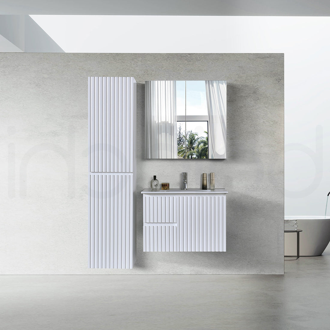 Baiachi Ivana Fluted 750mm PVC Water Proof Wall Hung Bathroom Vanity Left Drawers Ceramic Basin