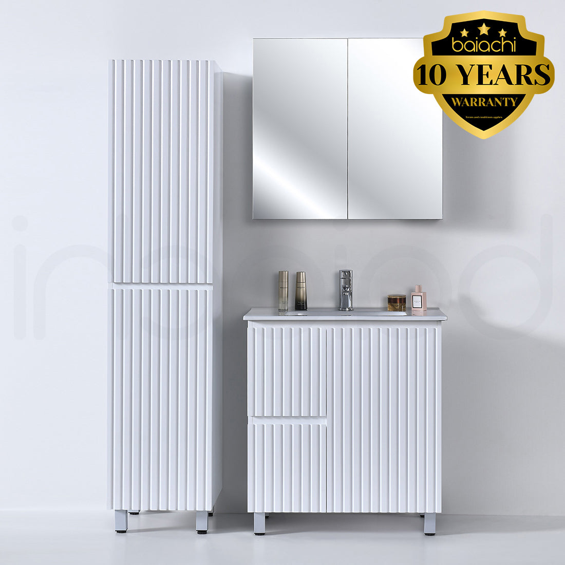 Baiachi Ivana Fluted 750mm PVC Water Proof Bathroom Vanity Left Drawers Ceramic Basin