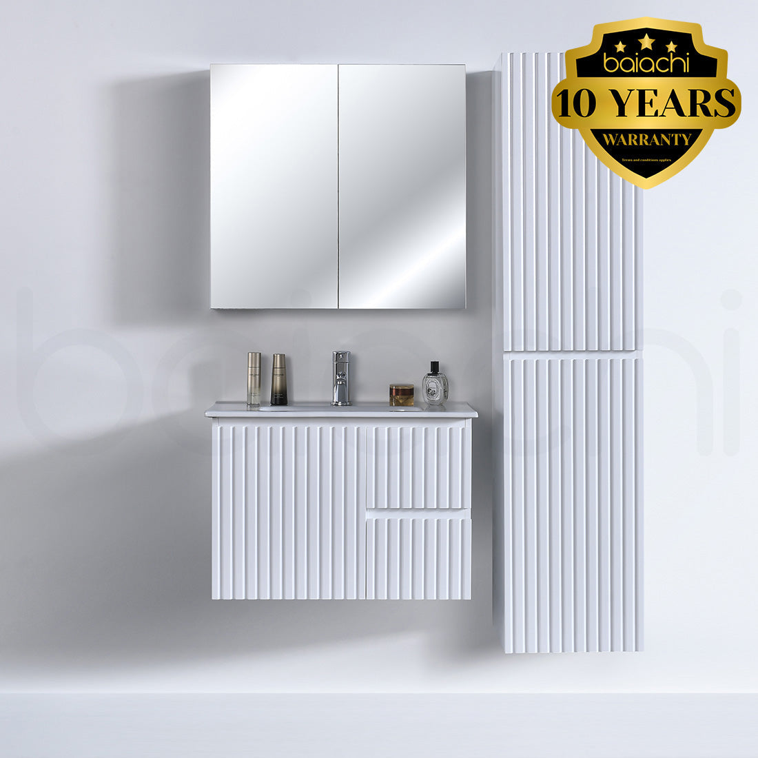 Baiachi Ivana Fluted 750mm PVC Water Proof Wall Hung Bathroom Vanity Right Drawers White Quartz Stone