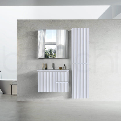 Baiachi Ivana Fluted 750mm PVC Water Proof Wall Hung Bathroom Vanity Right Drawers Calacatta Quartz Stone