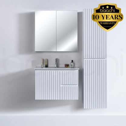 Baiachi Ivana Fluted 750mm PVC Water Proof Wall Hung Bathroom Vanity Right Drawers Calacatta Quartz Stone