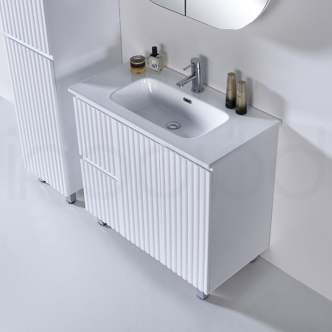 Baiachi Ivana Fluted 900mm PVC Water Proof Bathroom Vanity Left Drawers White Quartz Stone