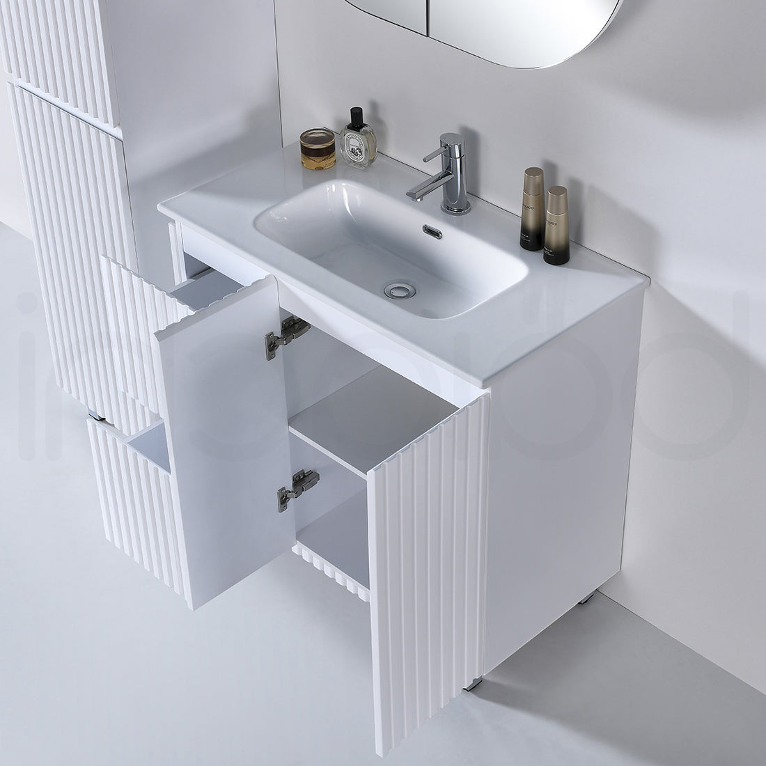 Baiachi Ivana Fluted 900mm PVC Water Proof Bathroom Vanity Left Drawers Calacatta Quartz Stone