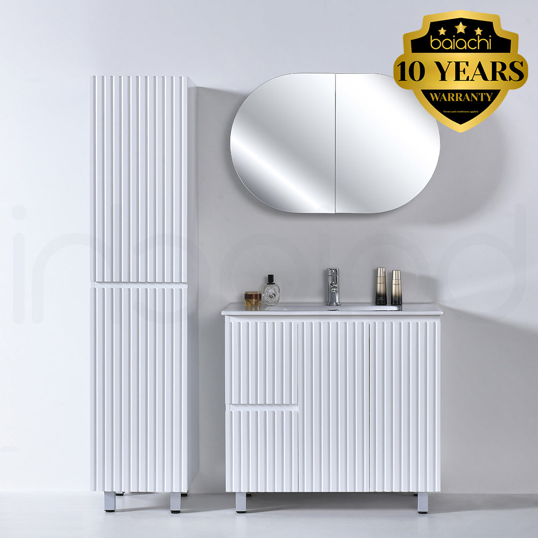 Baiachi Ivana Fluted 900mm PVC Water Proof Bathroom Vanity Left Drawers Calacatta Quartz Stone