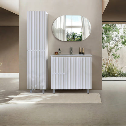 Baiachi Ivana Fluted 900mm PVC Water Proof Bathroom Vanity Left Drawers White Quartz Stone