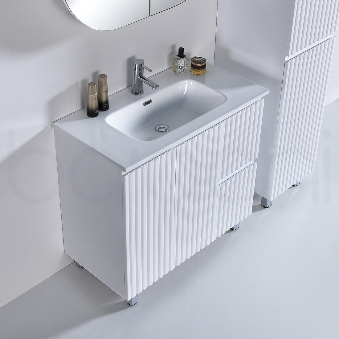 Baiachi Ivana Fluted 900mm PVC Water Proof Bathroom Vanity Right Drawers Ceramic Basin