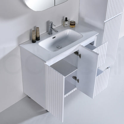 Baiachi Ivana Fluted 900mm PVC Water Proof Bathroom Vanity Right Drawers Calacatta Quartz Stone