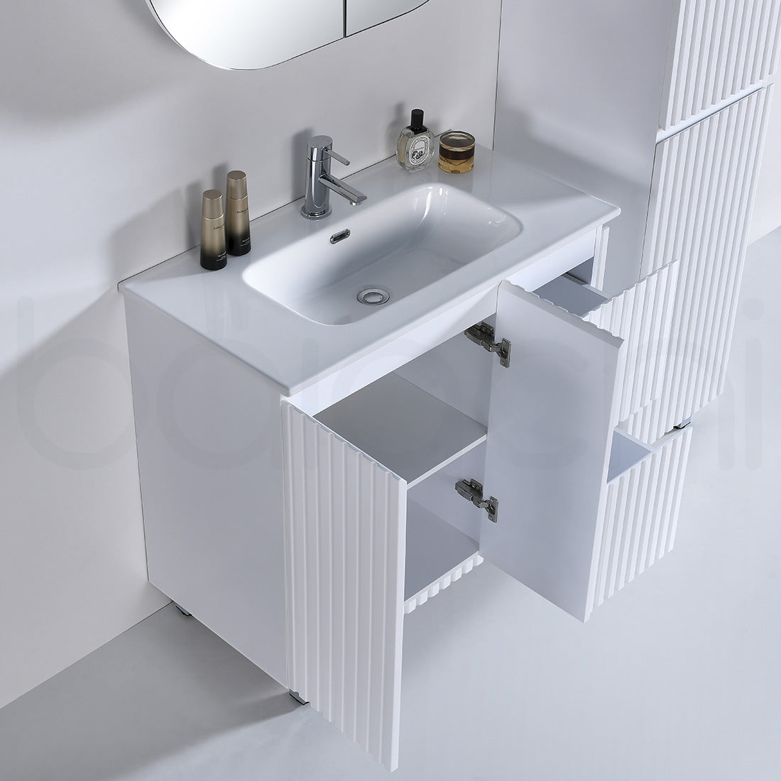 Baiachi Ivana Fluted 900mm PVC Water Proof Bathroom Vanity Right Drawers Ceramic Basin