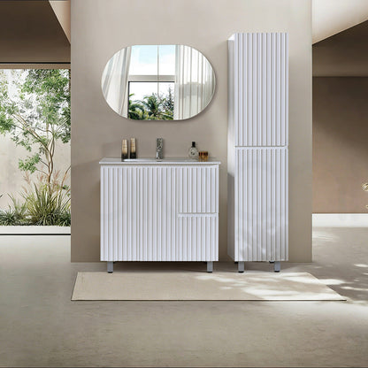 Baiachi Ivana Fluted 900mm PVC Water Proof Bathroom Vanity Right Drawers Calacatta Quartz Stone