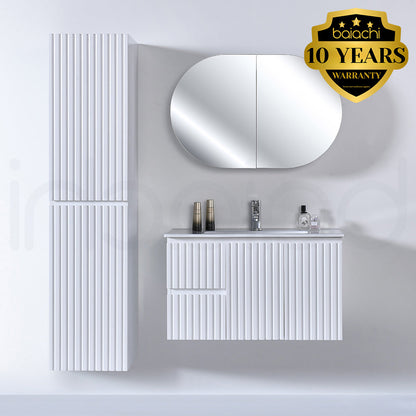 Baiachi Ivana Fluted 900mm PVC Water Proof Wall Hung Bathroom Vanity Left Drawers Calacatta Quartz Stone