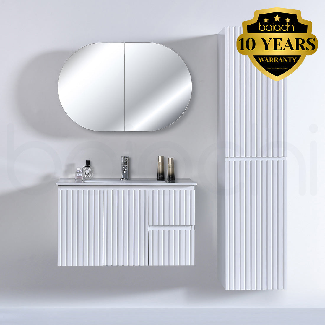 Baiachi Ivana Fluted 900mm PVC Water Proof Wall Hung Bathroom Vanity Right Drawers Ceramic Basin