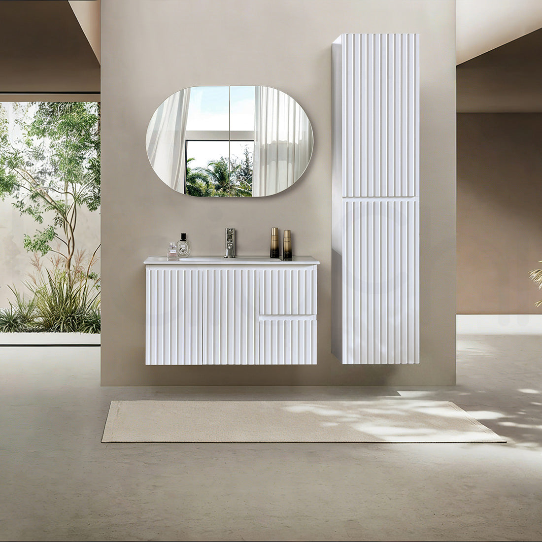 Baiachi Ivana Fluted 900mm PVC Water Proof Wall Hung Bathroom Vanity Right Drawers Ceramic Basin