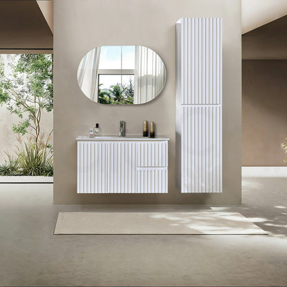 Baiachi Ivana Fluted 900mm PVC Water Proof Wall Hung Bathroom Vanity Right Drawers Calacatta Quartz Stone